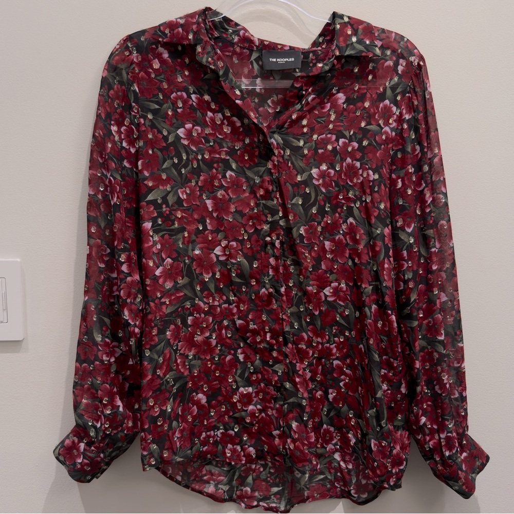 The Kooples Paris Raspberry Love Blouse Burgundy Red Floral Metallic Size 1 - Picture 3 of 14